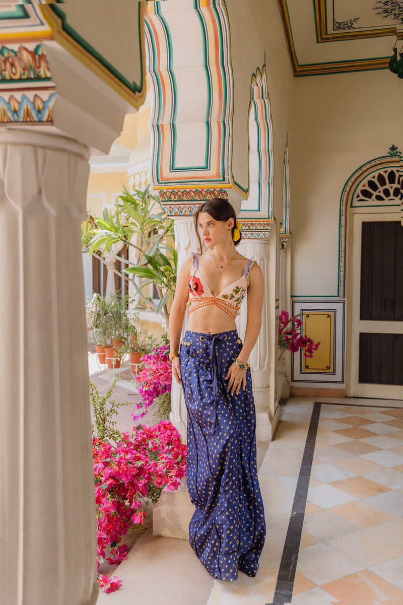 Navy Bandhini Trousers, a Red Flower, Shells