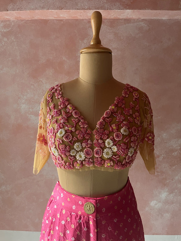 Pink Flowers bralette and bandhni trousers set