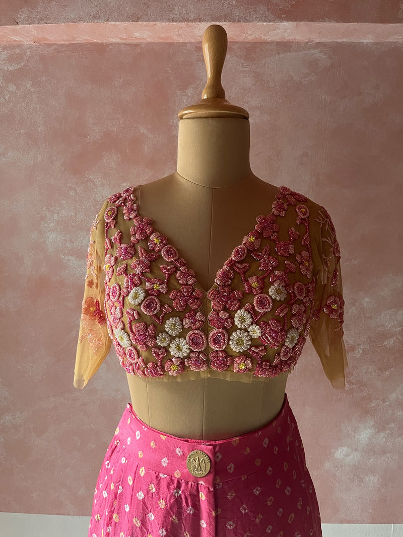 Pink Flowers bralette and bandhni trousers set