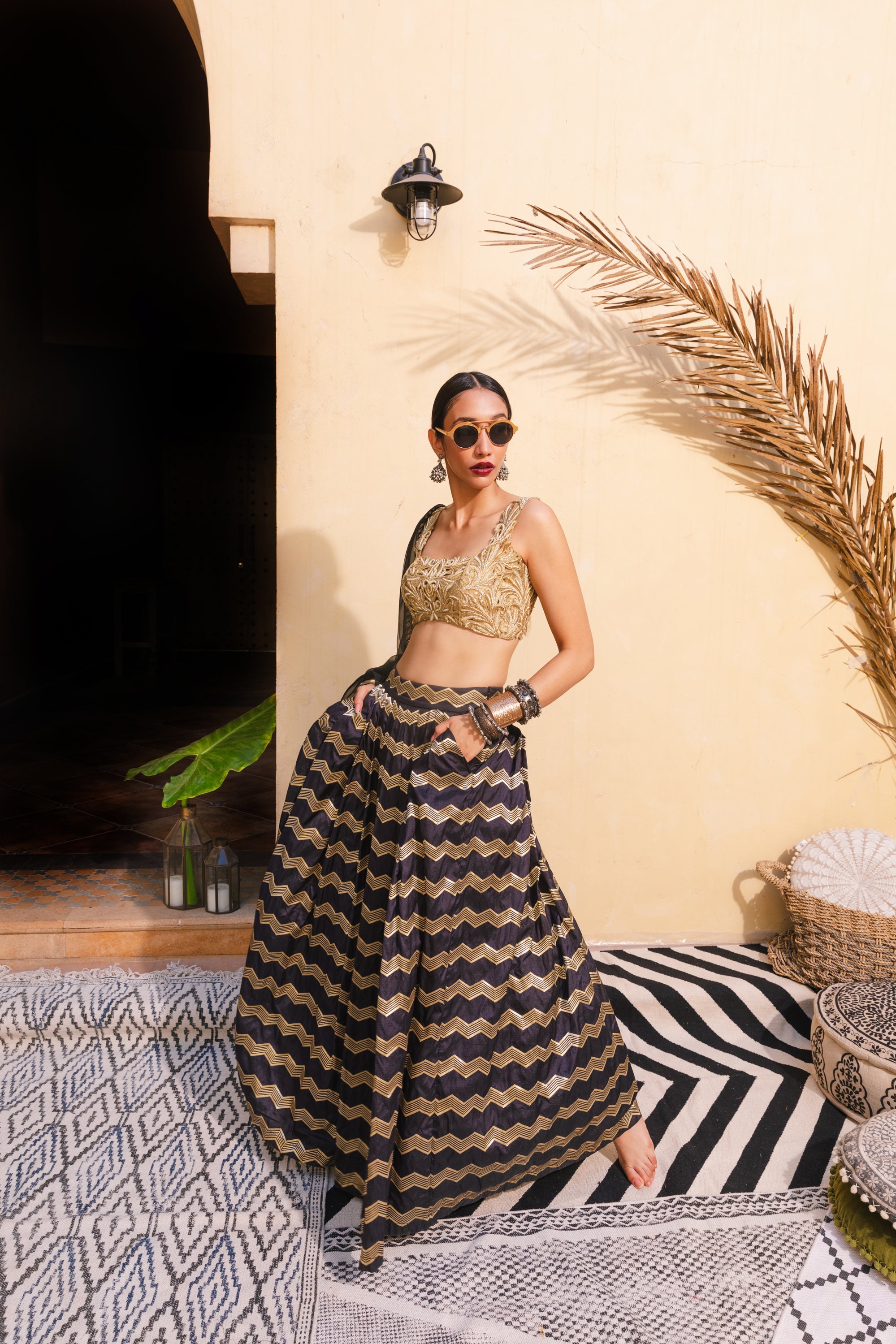 Buy Lycra crop top and denim lehenga by AK-OK at Aashni and Co