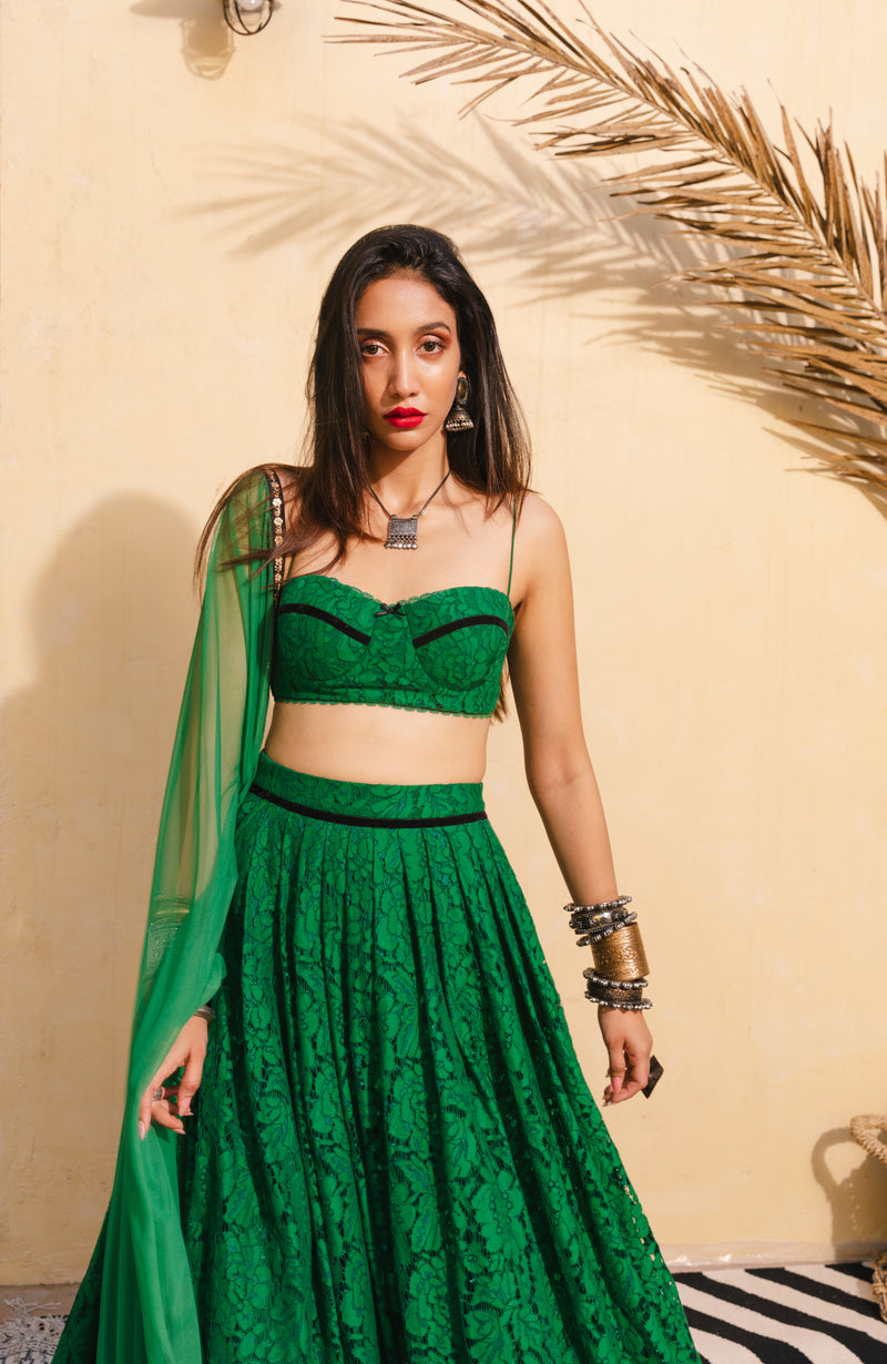 Emerald lace skirt & bralette set